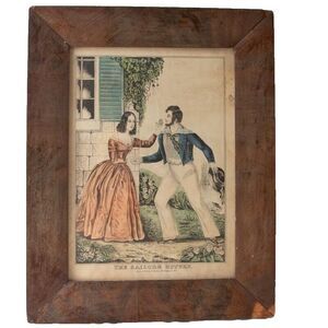 Antique 19th Century J Battie NY Hand Painted Lithograph The Sailor Returns 18"